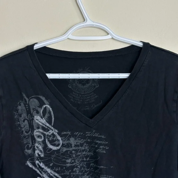 Ralph Lauren Black Graphic V-Neck Long Sleeve Tee Size XL Casual Y2K Boho Top - Picture 3 of 7